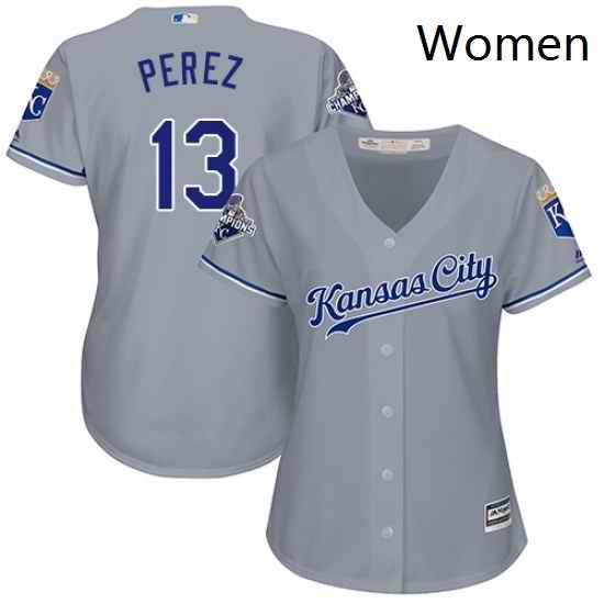 Womens Majestic Kansas City Royals 13 Salvador Perez Replica Grey Road Cool Base MLB Jersey
